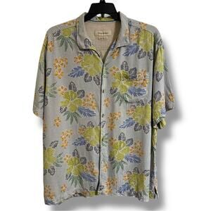 Tommy Bahama Green and Blue Casual knit Button Down Shirt floral hibiscus XXL